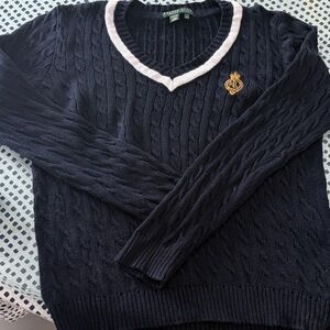 Ralph Lauren Navy V-Neck Sweater with White Trim